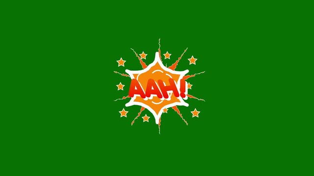 Retro Pop Art Aah Text with Fiery Orange Debris and Manga Speed Lines, Comic Book Action Layout, Seamless Radial Rays Loop, Motion graphic 2d comic style cartoon effects elements Green Screen 4K