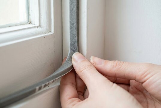 Close-up of hands applying gray foam adhesive seal strip to the corner of a white painted window for insulation.