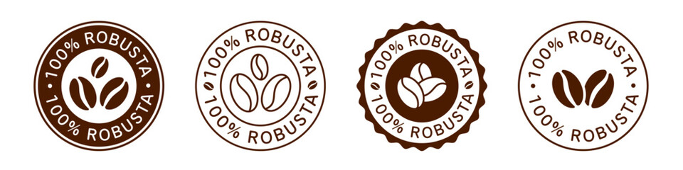 100% Robusta Coffee Beans Vector Sign. Caffeine Stickers.