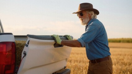 Elderly white harvest manager loading truck bed with produce and crates at field edge, efficient movements, sunset glow, burlap © BeautifulDay