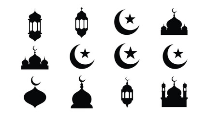 Naklejka premium Elegant black vector icons of mosques lanterns crescent moons and stars for ramadan and islamic design isolated on white background for cultural and religious themes