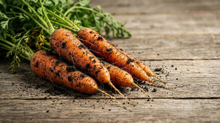 Bunch of freshly harvested carrots with dirt and green tops on wood