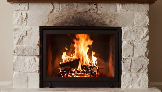 Close up of a modern fireplace with burning logs and a stone surround