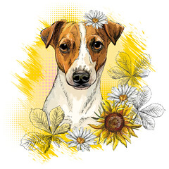 Jack Russel Terrier dog with flowers hand drawing vector