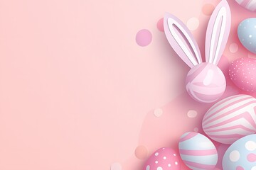 Fototapeta premium Pastel Pink Easter Background with Bunny Ears and Colorful Eggs, Soft 3D Spring Holiday Composition with Copy Space Banner Layout