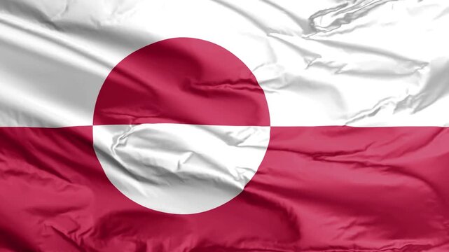 National flag of Greenland with red and white horizontal bands and offset circle.