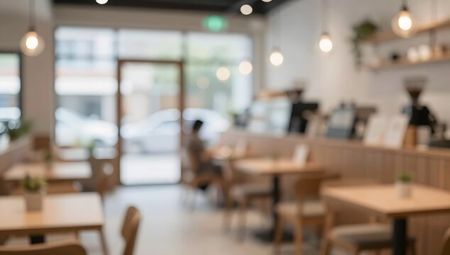 Interior view of blurred empty coffee shop with tables and chairs creating a serene ambiance