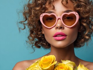 Fototapeta premium Retro Summer Vibe: Fashionable Woman with Curly Hair, Heart-Shaped Sunglasses and Yellow Roses