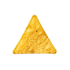 Fototapeta premium A pristine, golden-yellow corn tortilla chip, perfectly triangular with crispy texture and savory seasoning, centered on a transparent background. Concept of gourmet deliciousness