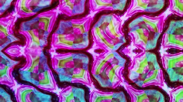 Prismatic color layers bend and overlap inside a mirrored structure, creating the illusion of folded space and warped surfaces. The image feels dimensional and fluid, blending soft geometry with psych