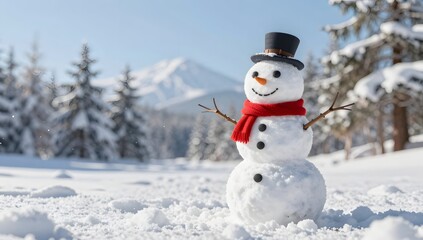 Fototapeta premium Festive snowman stands in a snow covered field with evergreen trees in the background