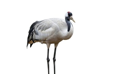 Obraz premium Elegant crane bird isolated against white background with copy space