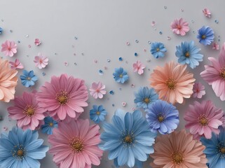 Fototapeta premium Vibrant Bloom Border: Pink and Blue Gerbera Daisies on Grey
