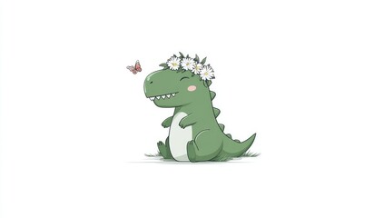 Fototapeta premium Adorable cartoon dinosaur with flower crown, observing butterfly on white background