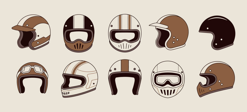 Set of motorcycle helmets in vintage style, featuring full face, modular, half, offroad, and sport designs, ideal for motor racers, riding gear, and motorsport illustrations.