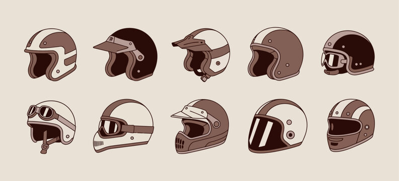 Set of motorcycle helmets in vintage style, featuring full face, modular, half, offroad, and sport designs, ideal for motor racers, riding gear, and motorsport illustrations.