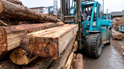Fototapeta premium Forklift truck moves logs at wood processing plant for timber production