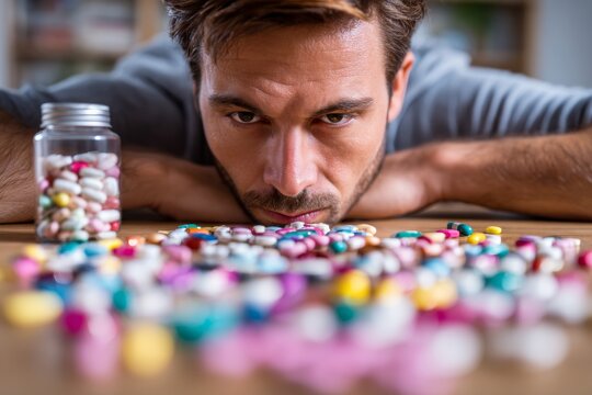 Close up of a Person Focused on Pills on a Table Showing the Impact of Drug Addiction and the Dangers Involved