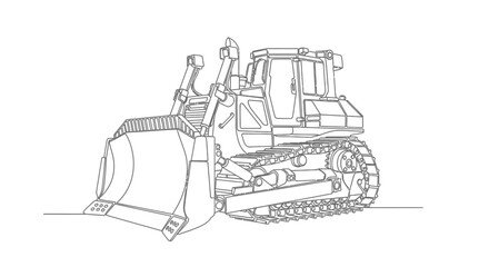 A detailed line drawing of a heavy-duty bulldozer with a large front blade and tracks, presented on a white background.