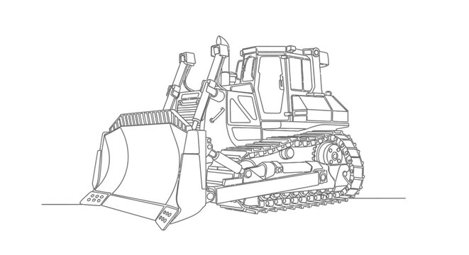 A detailed line drawing of a heavy-duty bulldozer with a large front blade and tracks, presented on a white background.