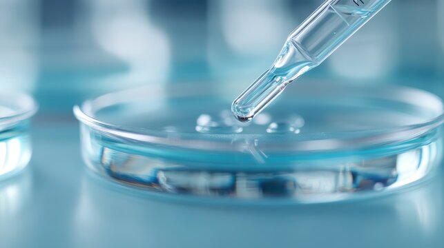 Closeup view of a glass pipette dripping liquid onto a petri dish