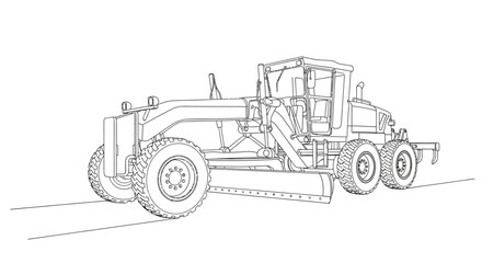Line art illustration of a heavy-duty motor grader construction vehicle on a road.
