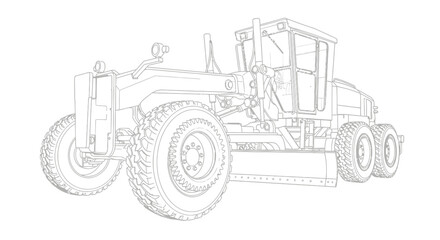 Obraz premium Wireframe drawing of a heavy-duty motor grader construction vehicle.
