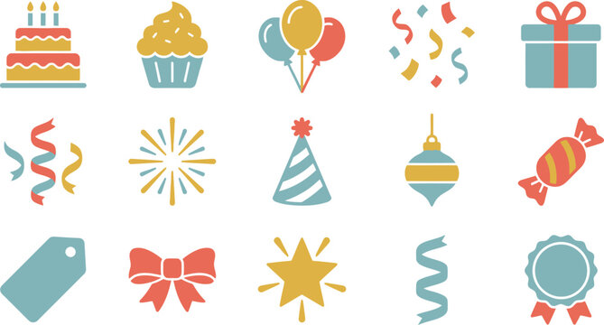 A vibrant collection of modern flat design vector icons representing various celebration and party elements, perfect for festive occasions