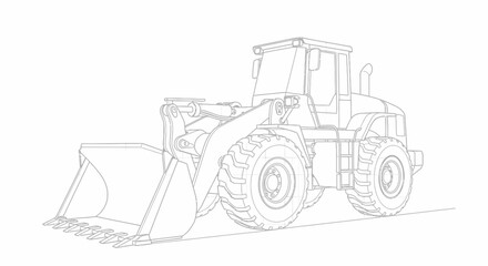 Line drawing of a heavy-duty front-end wheel loader, a powerful construction machine with a large bucket, used for moving earth and materials.