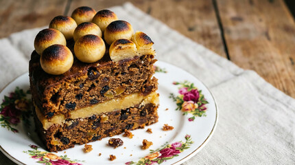 Slice of traditional Simnel fruit cake with toasted marzipan balls