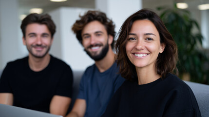 Fototapeta premium Medium shot of a small team in a modern office lounge area, sitting on a sofa and chair around a laptop, casual-professional outfits, natural smiles, warm daylight, clean backgroun