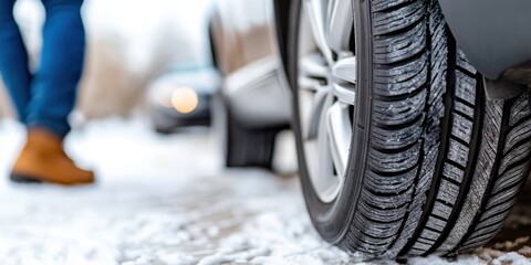 Preparing a car for winter by changing tires in a snowy setting