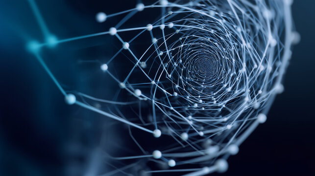 Neural network forming a spiral structure of connected nodes, subtle light trails without blur, dark space background, premium futuristic look, with copy space Keywords: neural spi