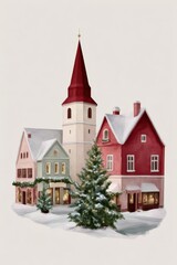 Fototapeta premium Watercolor illustration of a charming, snow-covered Christmas town with festive lights and decorated trees. Perfect for holiday designs.