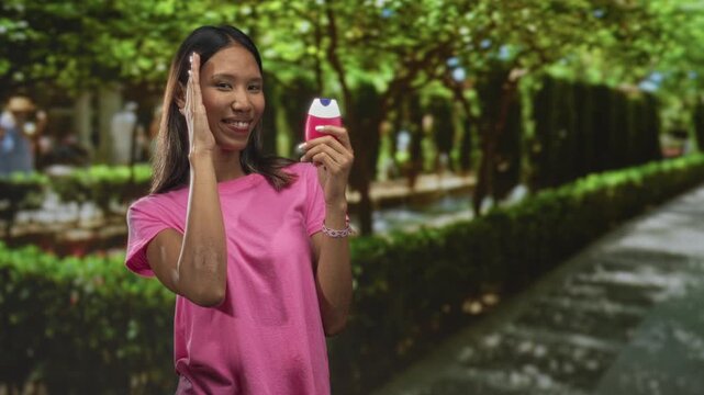 Woman holds pink toothpaste dispenser and covers one eye with her hand while smiling on a tree lined garden path beside hedges and paved walkway; self care cheerful.