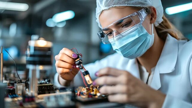 Faceless female technician working on electronic circuit board, skilled engineer soldering components with precision, factory manufacturing scene, technical expertise, with copy sp