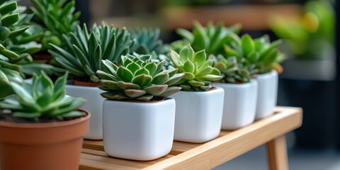 Delightful arrangement of vibrant succulents in bright ceramic pots