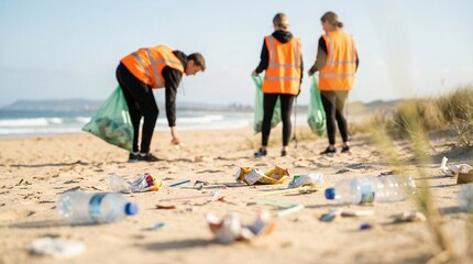Group of volunteers in safety vests cleaning up plastic litter on beach