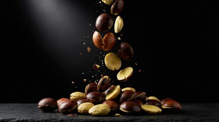 Fresh jengkol beans falling on a pile against a black background