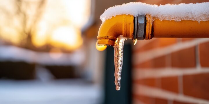Water leaks from frozen pipe during a cold winter evening