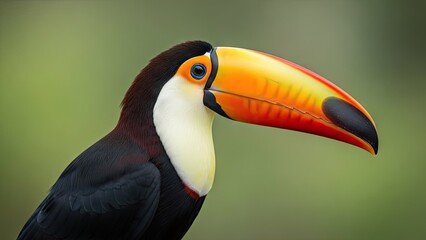 Naklejka premium Close up of a vibrant toucan bird with a large colorful beak against soft background