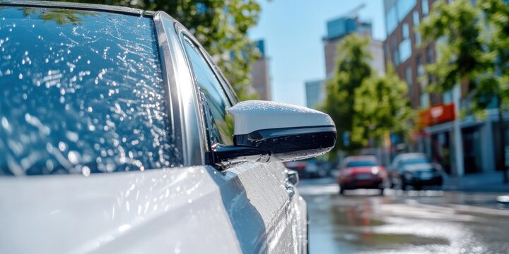 Summer heat waves bouncing off a car windshield in the city