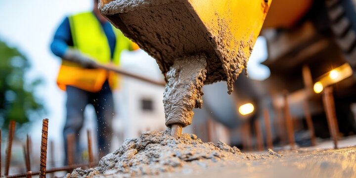 Concrete mixer truck pours fresh concrete onto sturdy rebar framework