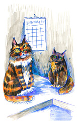 Two Cats Sitting Near Calendar