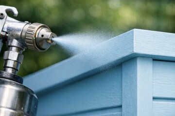 Fototapeta premium Spray gun applying blue paint to wooden surface during home improvement project, renovating outdoor structure