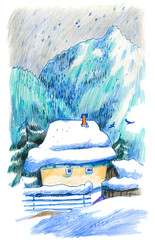 Cozy House in Snowy Mountain Landscape