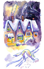 Watercolor Painting of Snowy Houses and Dog
