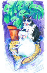 Two Cats Resting Near a Potted Plant