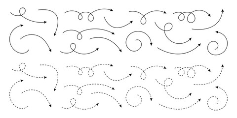 Smooth and Dashed Curved Arrow Icons for Direction, Navigation and Interface Design