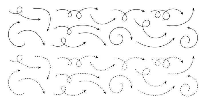 Smooth and Dashed Curved Arrow Icons for Direction, Navigation and Interface Design
